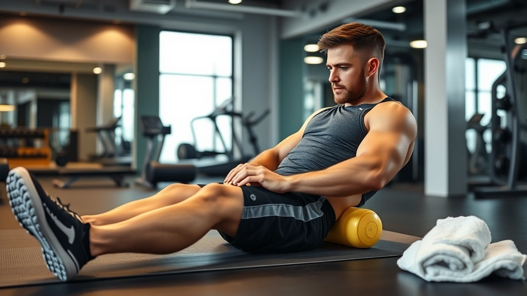 Recovery room scene with professional athlete performing foam rolling on leg muscles, focused concentration, white towel nearby, modern fitness facility setting