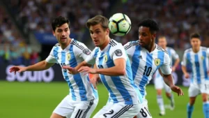 Professional football players in Argentina blue and white striped jerseys executing precise passing combination during international match, focused intensity on faces, stadium atmosphere background