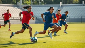 Professional South American football players performing dynamic sprint drills on pristine grass field during daytime training session, showcasing explosive acceleration and high-intensity athletic movement with intense focus and competitive energy