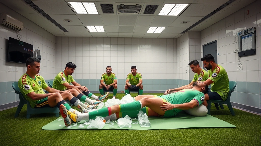 National football team players recovering post-match in professional medical facility, receiving advanced treatment including ice therapy and sports massage, demonstrating comprehensive recovery protocol and injury prevention infrastructure