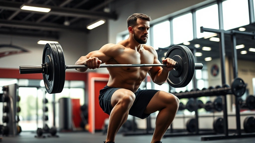 Athletic male running back performing explosive squat exercise with heavy barbell in modern gym setting, demonstrating powerful lower body position and perfect form during strength training session