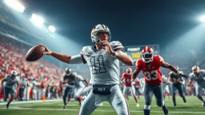 Professional college football quarterback mid-throw during intense game action, stadium lights bright, receivers running route patterns, defensive pressure visible in background, dynamic athletic motion, realistic photographic quality