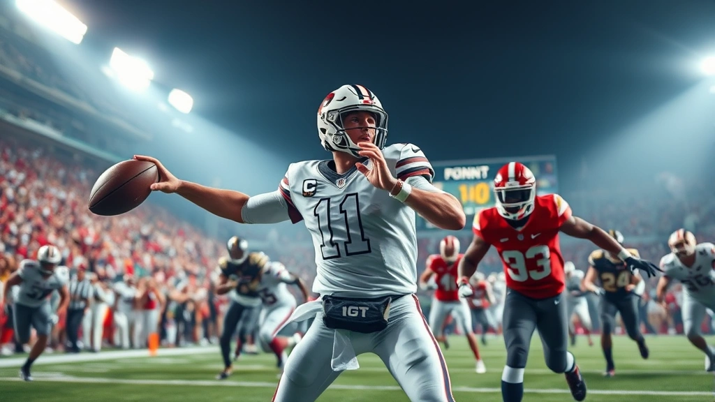 Professional college football quarterback mid-throw during intense game action, stadium lights bright, receivers running route patterns, defensive pressure visible in background, dynamic athletic motion, realistic photographic quality