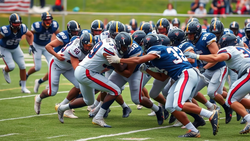 Dynamic defensive line collision at line of scrimmage, linebacker pursuing ball carrier through traffic, players engaged in physical battle, grass field visible, intense competitive moment captured, professional sports photography