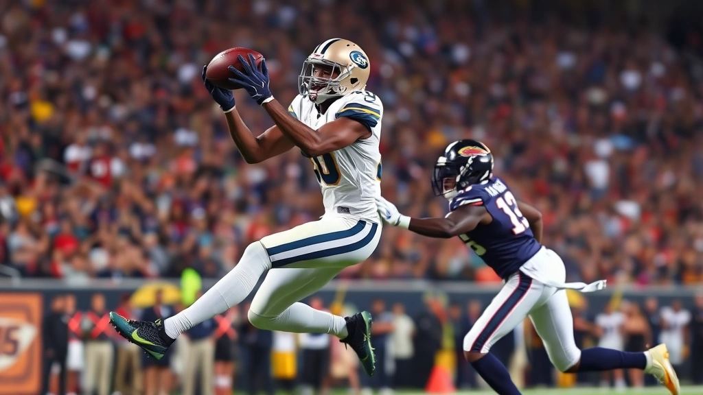 Wide receiver making athletic catch in contested coverage, defensive back defending nearby, football in mid-air, stadium crowd blurred background, excellent body control and positioning demonstrated, dramatic sports moment