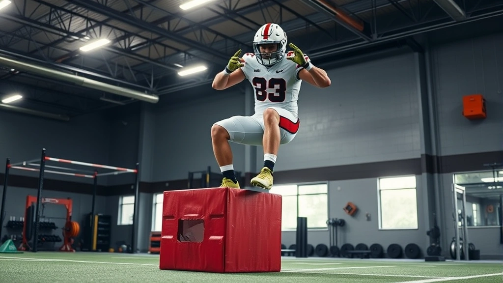 College football player performing explosive box jump in modern strength training facility with equipment visible in background, intense athletic effort, professional lighting