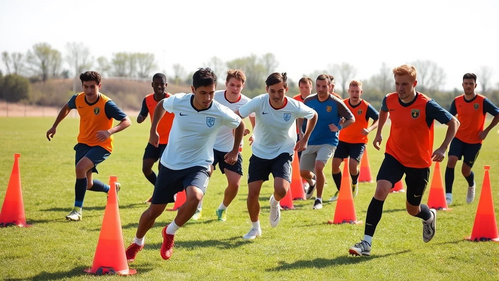 Diverse group of football players executing dynamic agility drills through cone course on grass field, multiple directional movements, focused expressions, natural outdoor lighting