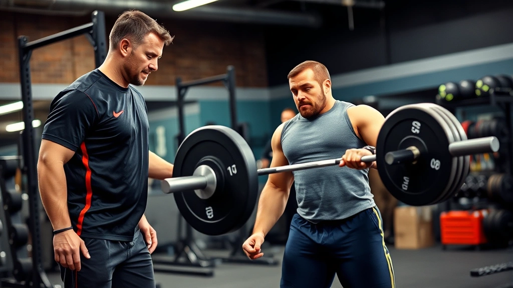 Athletic trainer or strength coach monitoring football player performing heavy barbell deadlift with proper form in professional weight room, spotting position, concentrated effort