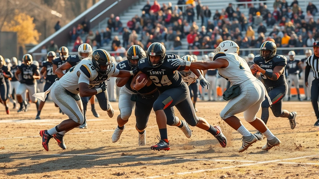 Dynamic football action shot showing Army Black Knights running back powering through Navy defense with blockers engaged, intense physical contact, muddy field, autumn lighting, military academy stadium backdrop