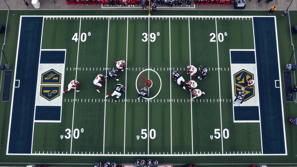 Overhead view of Navy Midshipmen offensive formation executing option play with quarterback reading defense, multiple running backs in motion, precise blocking assignments, tactical football strategy visualization