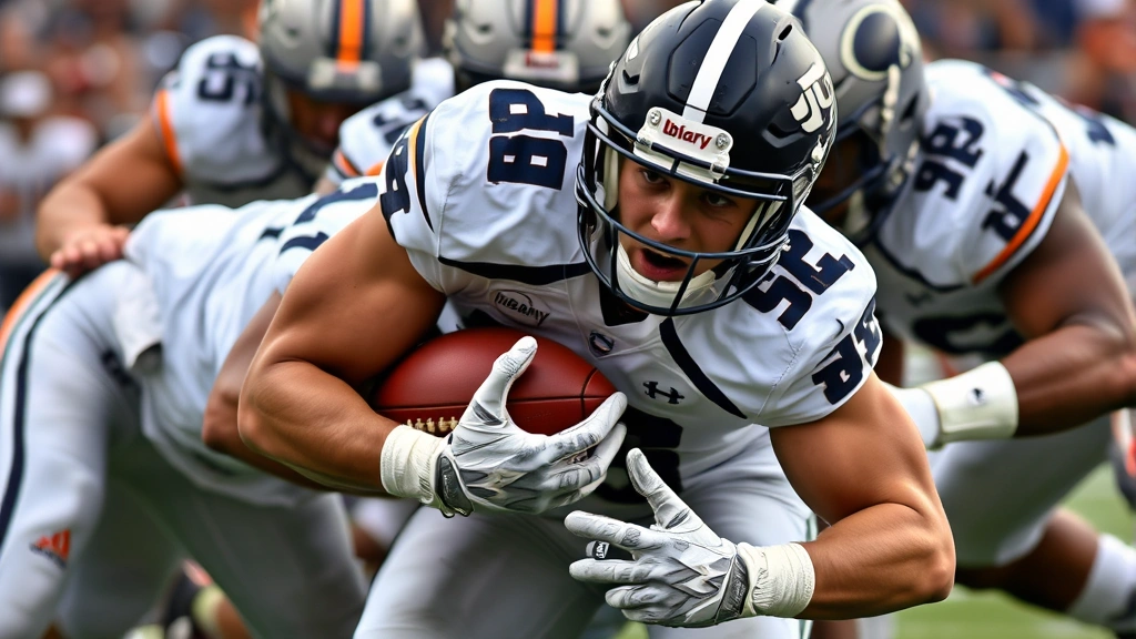 Close-up of defensive linebacker making tackle during Army Navy game, intense facial expression, multiple players converging on ball carrier, ground-level perspective showing physical collision and competitive intensity