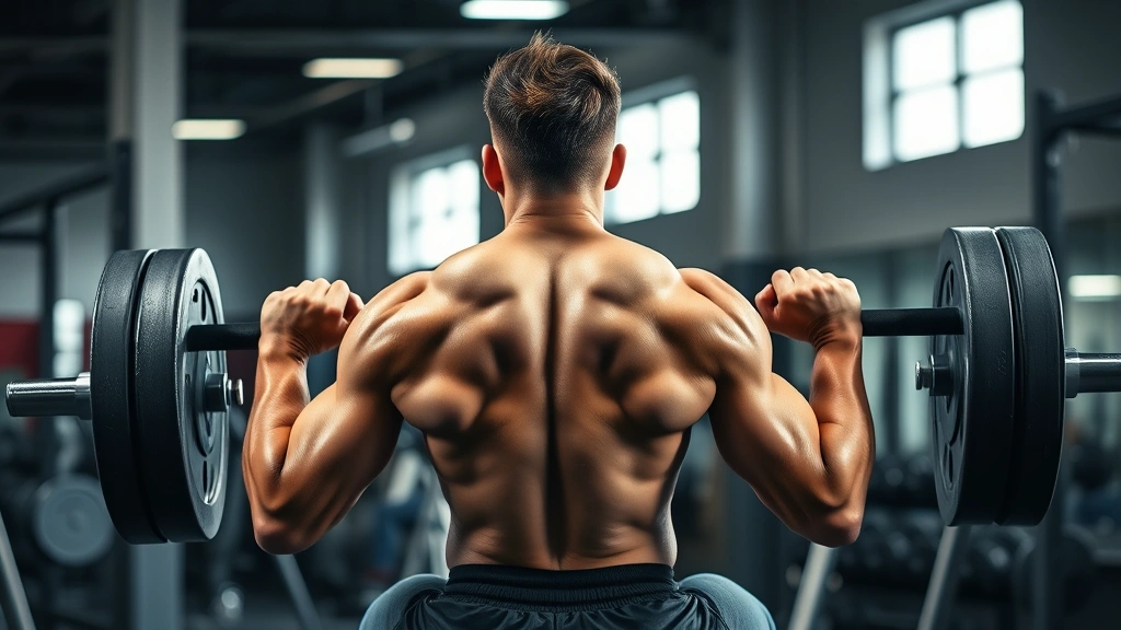 Athletic male football player performing heavy barbell back squat in modern strength training facility, intense focus, proper form, sweat visible, professional lighting