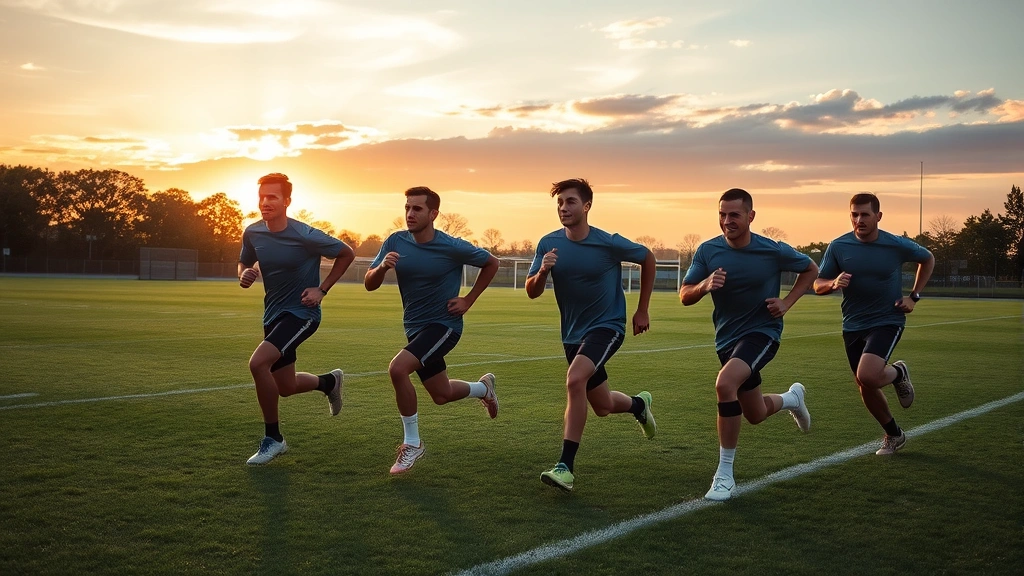 Team of football players performing sprint interval training on grass field during sunset, high intensity effort visible, athletic wear, outdoor training environment