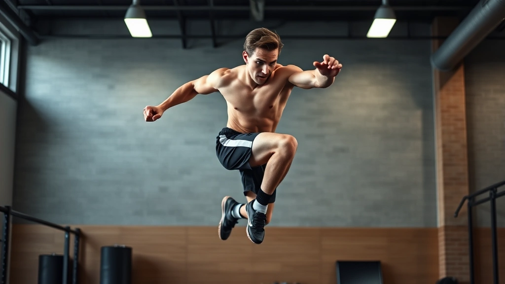Athletic male football player performing explosive box jump in modern gym, dynamic movement captured mid-air with focused expression, professional lighting