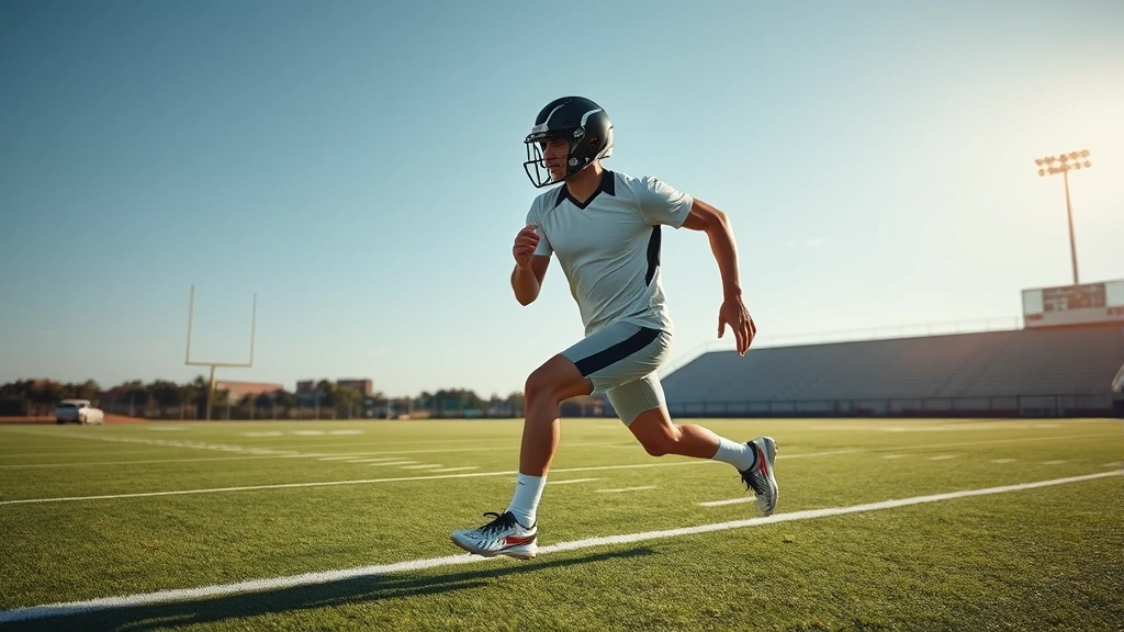 Football player executing perfect sprint mechanics on training field, explosive acceleration with proper body alignment and arm drive, outdoor daylight conditions