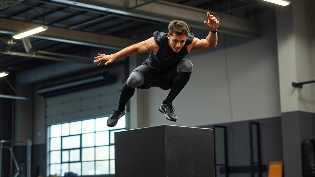 Athletic male football player performing explosive box jump in professional gym setting, wearing black athletic wear, showing maximum height and extension, dynamic motion captured mid-air