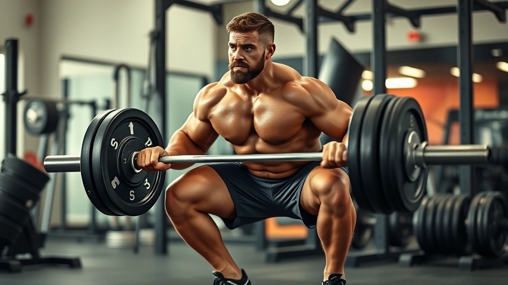 Muscular football player executing heavy barbell squat with perfect form in strength training facility, plates loaded on bar, focused expression, demonstrating lower body power development