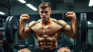 Muscular college football player performing heavy barbell back squat in professional weight room with focused intensity and proper form, sweat visible on skin, intense concentration on face