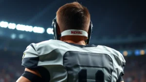 Professional football player in full protective gear including shoulder pads and back plate, viewed from behind during dynamic tackling drill, intense focus expression, realistic stadium lighting
