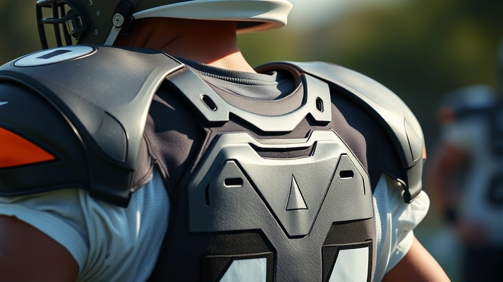 Close-up of football player wearing protective shoulder pads and backplate, demonstrating proper fit and positioning during intense practice drill, photorealistic action shot
