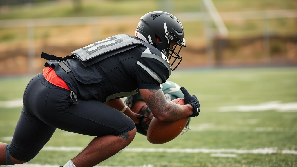 Side profile of defensive lineman in full protective gear including backplate, executing low pad level engagement with opponent, dynamic collision moment captured
