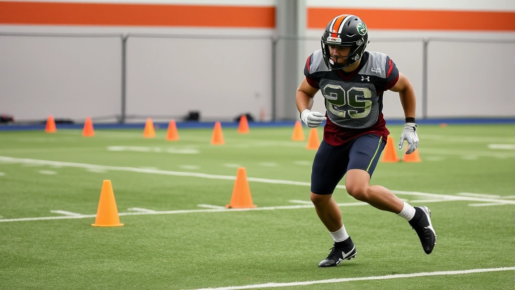 Football player performing agility drill with cone drills, showing mobility and flexibility while wearing complete protective equipment including backplate, training facility setting