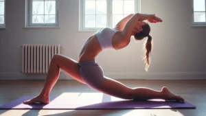 Athletic woman in deep forward fold yoga pose on purple mat in bright studio, sunlight streaming through windows, showing extreme hamstring flexibility and peaceful expression, photorealistic