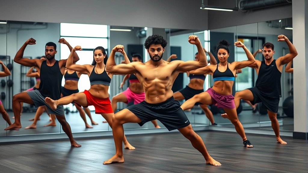 Group of diverse athletes in warrior two pose showing leg strength and flexibility combined, modern gym environment with mirrors, demonstrating proper alignment and athletic conditioning
