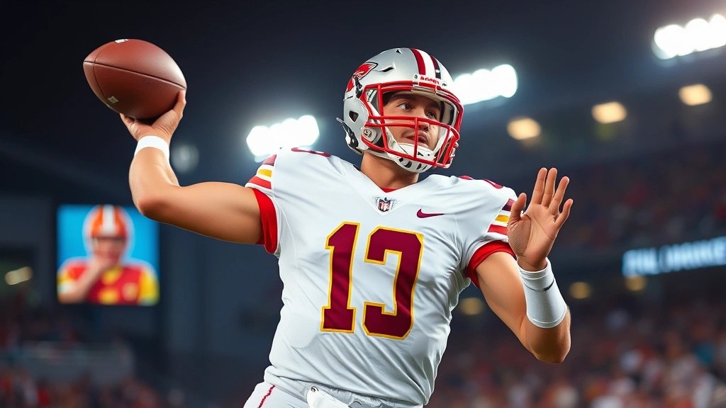 Professional college football quarterback mid-throw during night game, stadium lights, focused expression, athletic uniform, dynamic action shot
