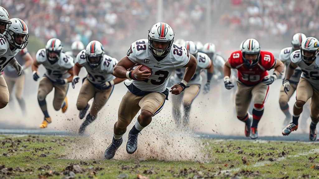Running back bursting through offensive line gap, defensive players pursuing, muddy field conditions, intense competition, power movement