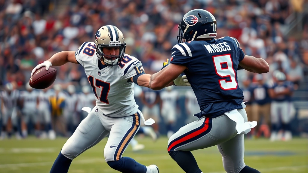 Defensive lineman pursuing quarterback into backfield, pass rush technique, stadium crowd blurred background, athletic dominance display