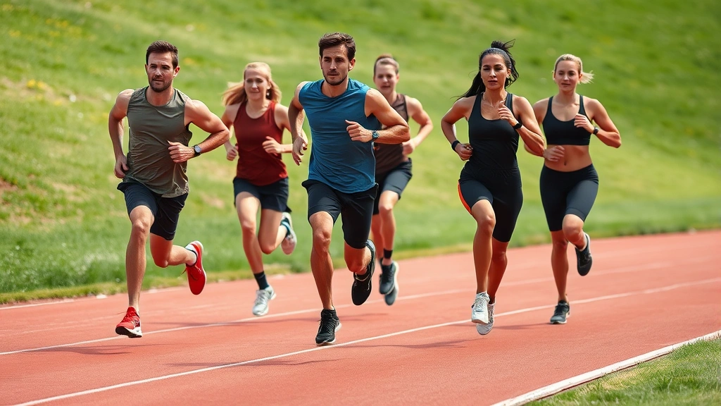 Group of athletic male and female runners performing interval training on outdoor track, mid-sprint captured in motion, varied fitness levels represented, professional athletic apparel, grass field background, natural daylight, focused intensity expressions