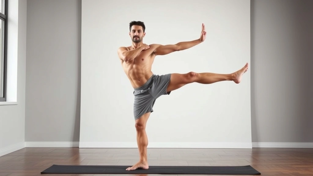 Male yogi in warrior III pose demonstrating balance and flexibility, standing on one leg with opposite leg extended behind, professional yoga studio background, concentrated form