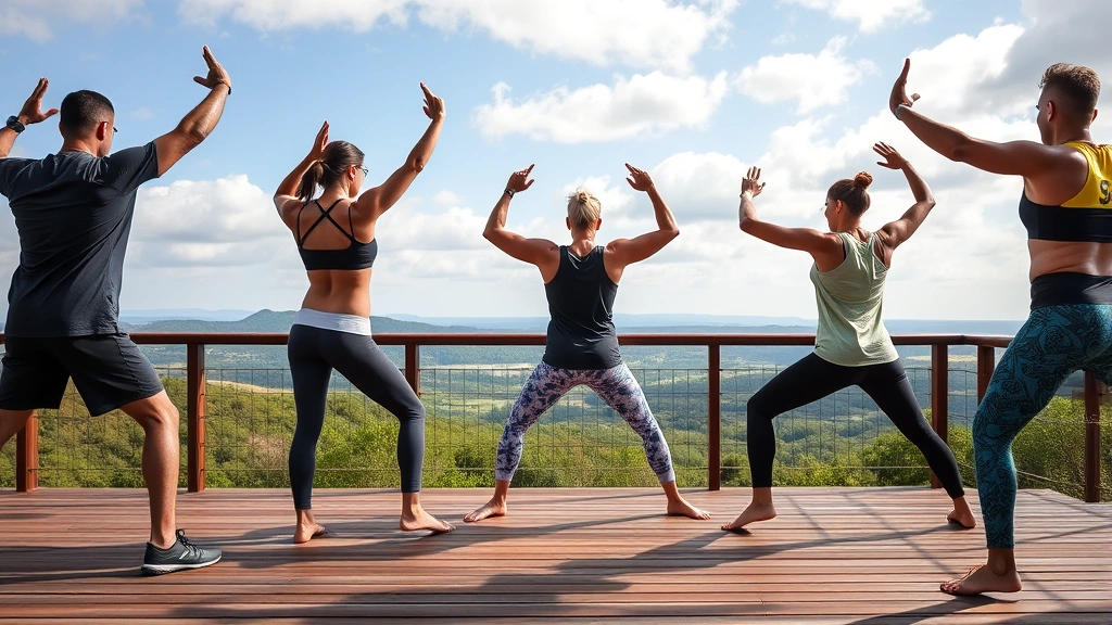 Group of diverse fitness enthusiasts in warrior pose sequence on outdoor deck overlooking landscape, showing functional flexibility and strength balance