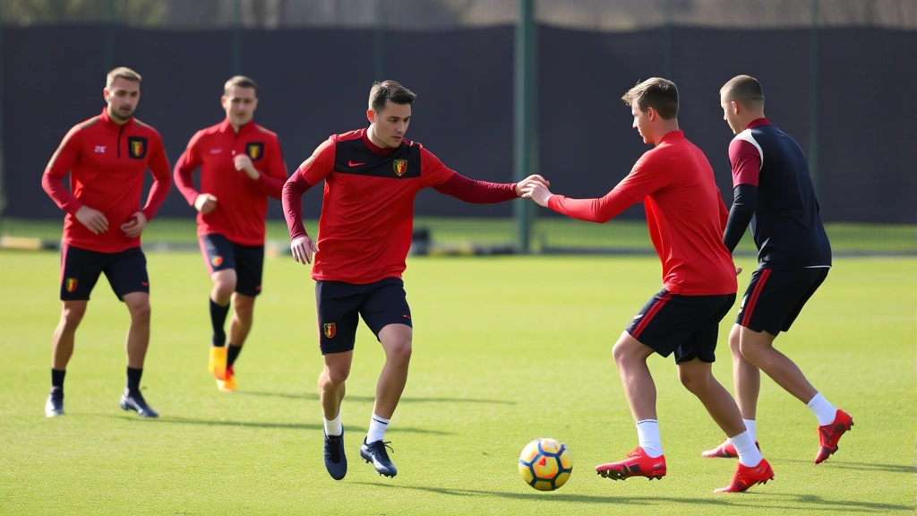 Professional football players in Belgium national team red jerseys executing tactical passing drill on training pitch, focused intensity, modern athletic wear, daytime outdoor training facility
