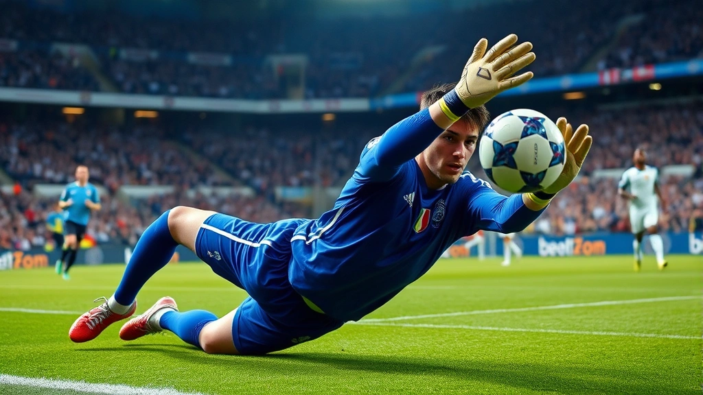 Goalkeeper making diving save during intense international football match, blue uniform, stadium background, action shot showing athletic prowess and reflexes