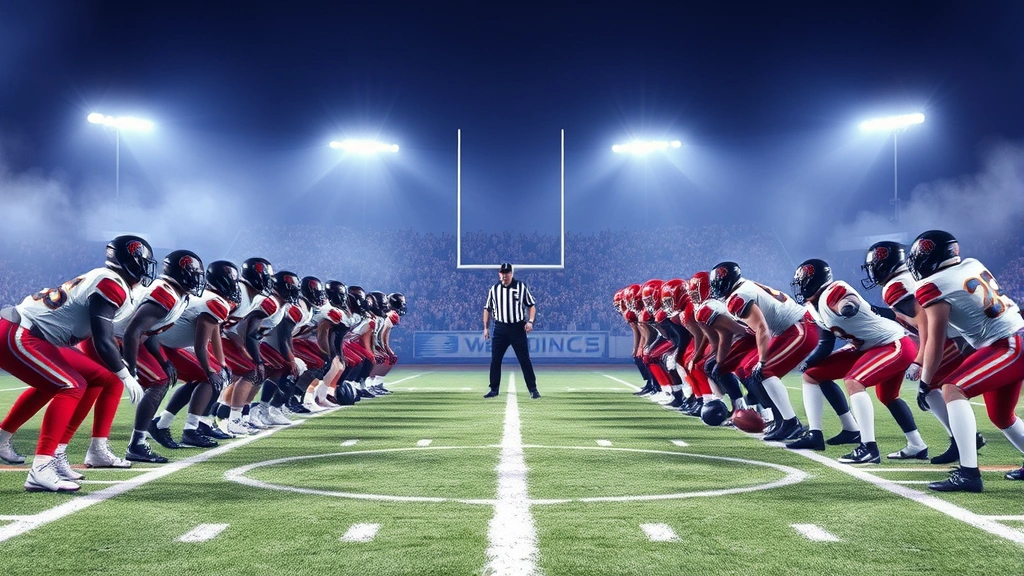 Two football teams lined up in formation before match kickoff, facing each other across center circle, stadium lighting, official match setting with referee visible