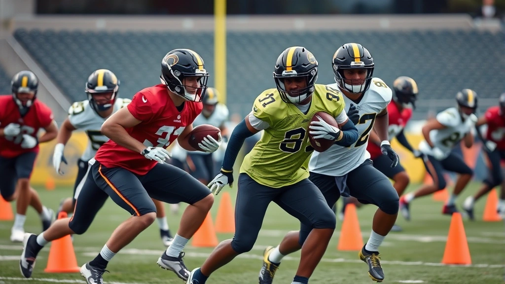 Professional football players in intense training drill, executing lateral agility movements through cone field, athletic wear, stadium background, dynamic motion blur, focused expressions