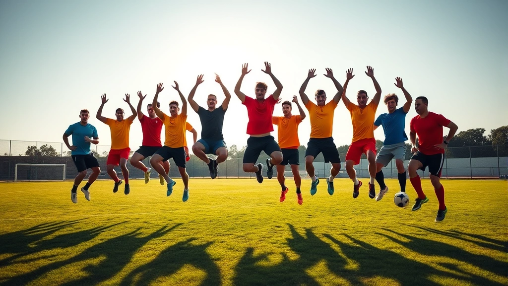 Diverse group of football athletes performing explosive plyometric jump training on grass field, bodies mid-air, showing power development, natural sunlight, motivational intensity