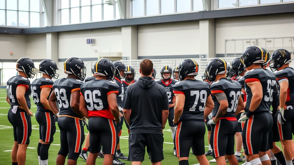 Football team in huddle during practice, coaches providing instruction, players listening intently, modern athletic facility, teamwork and mental preparation visible, professional coaching environment