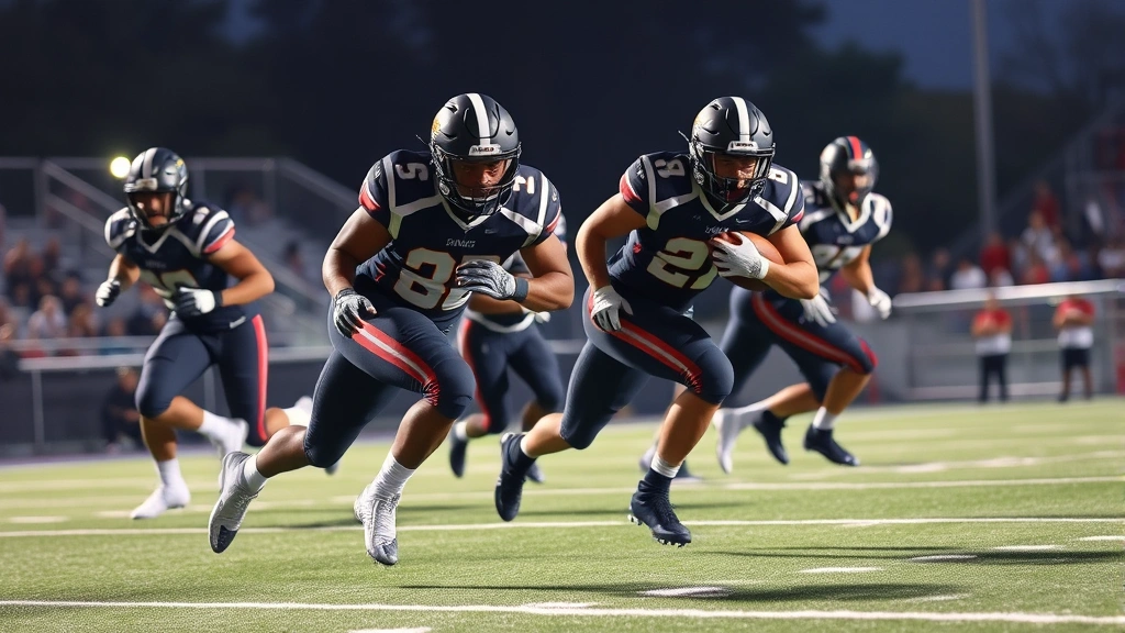 High school football players executing a power running play, fullback and running back in motion, offensive linemen driving forward with proper technique, competitive intensity, stadium lighting, photorealistic action shot