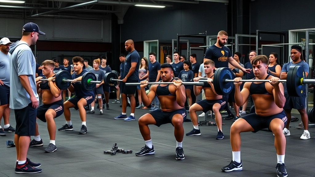 Football team strength training session, athletes performing squat exercises with barbells, proper form and technique, weight room environment, focused intensity, diverse athletes working together, professional coaching observation