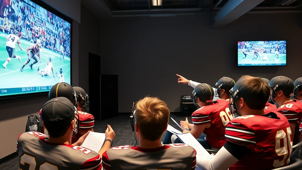 Football film study session, players and coaches reviewing game footage on large screen, serious analytical atmosphere, coaches pointing at plays, players taking notes, strategic discussion environment, professional setting