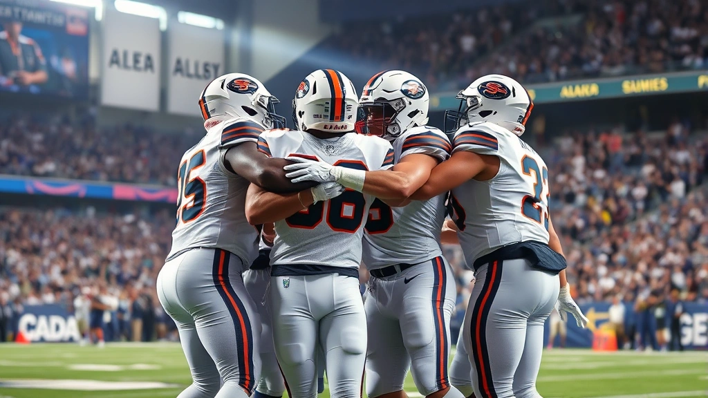 Defensive unit celebrating after forcing turnover during competitive game, team unity and celebration moment with authentic emotion and professional football stadium environment