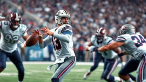 A professional football player in full uniform executing a perfect route against defensive backs during a competitive game, photorealistic action shot with dynamic lighting and movement blur