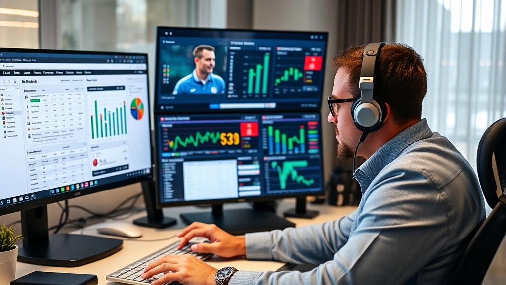 Fantasy football manager analyzing statistics and player data on multiple screens with charts, graphs, and performance metrics displayed, focused concentration in modern home office setting