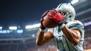 Professional football player wearing receiver gloves making an athletic catch, intense focus, stadium lighting, hands gripping football securely