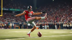 Professional NFL kicker in perfect form executing field goal attempt during prime-time game, showing explosive leg drive, core engagement, and athletic precision without any text or labels visible