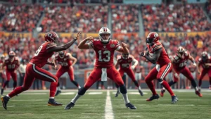 Dynamic quarterback in spread formation with four receivers split wide, mid-snap decision moment, stadium background, photorealistic action shot