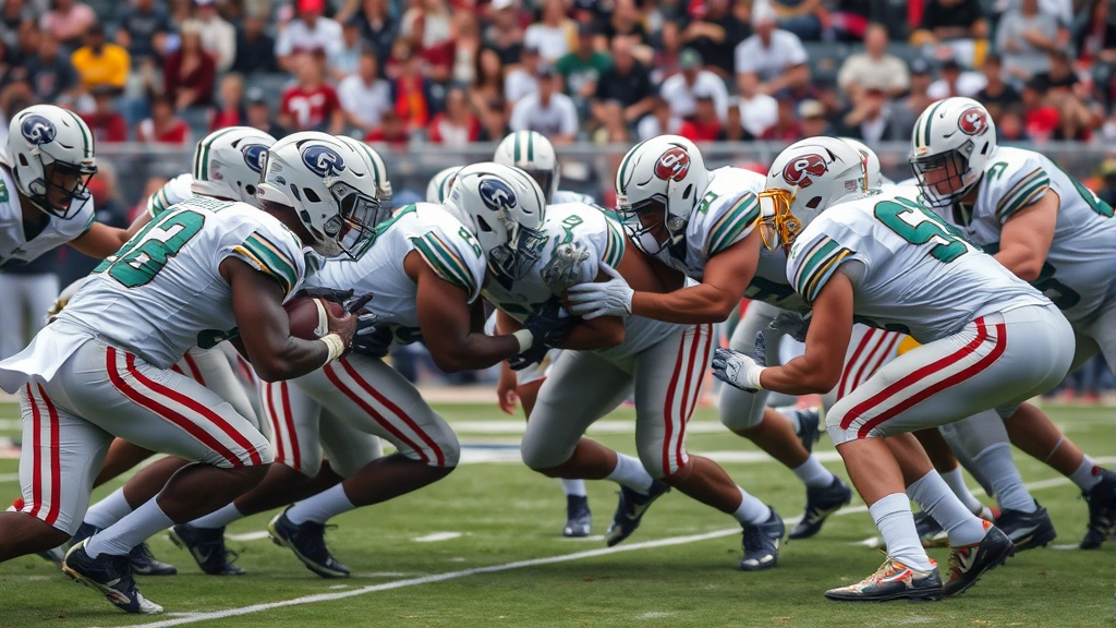 Defensive linemen in gap assignments executing run-stop technique, multiple defenders engaged, physical football moment, game action photography